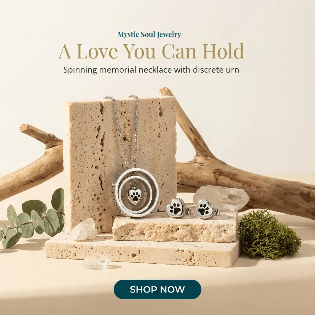 Mystic Soul Jewelry display with a spinning memorial necklace and discrete urn on a natural stone stand.