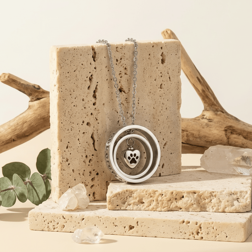 Necklace with a paw print pendant on a natural stone stand with driftwood and eucalyptus leaves in the background.