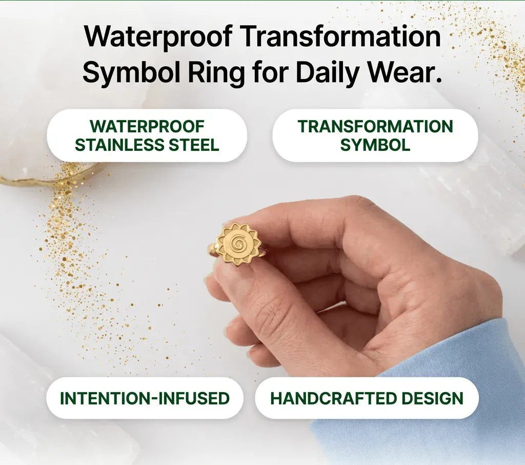 Gold ring with transformation symbol held by a hand, promotional text about features and benefits.