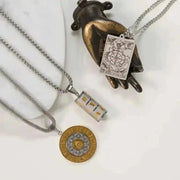 spiritual necklaces meditation medallion, prayer wheel necklace and tarot card wheel of fortune necklace