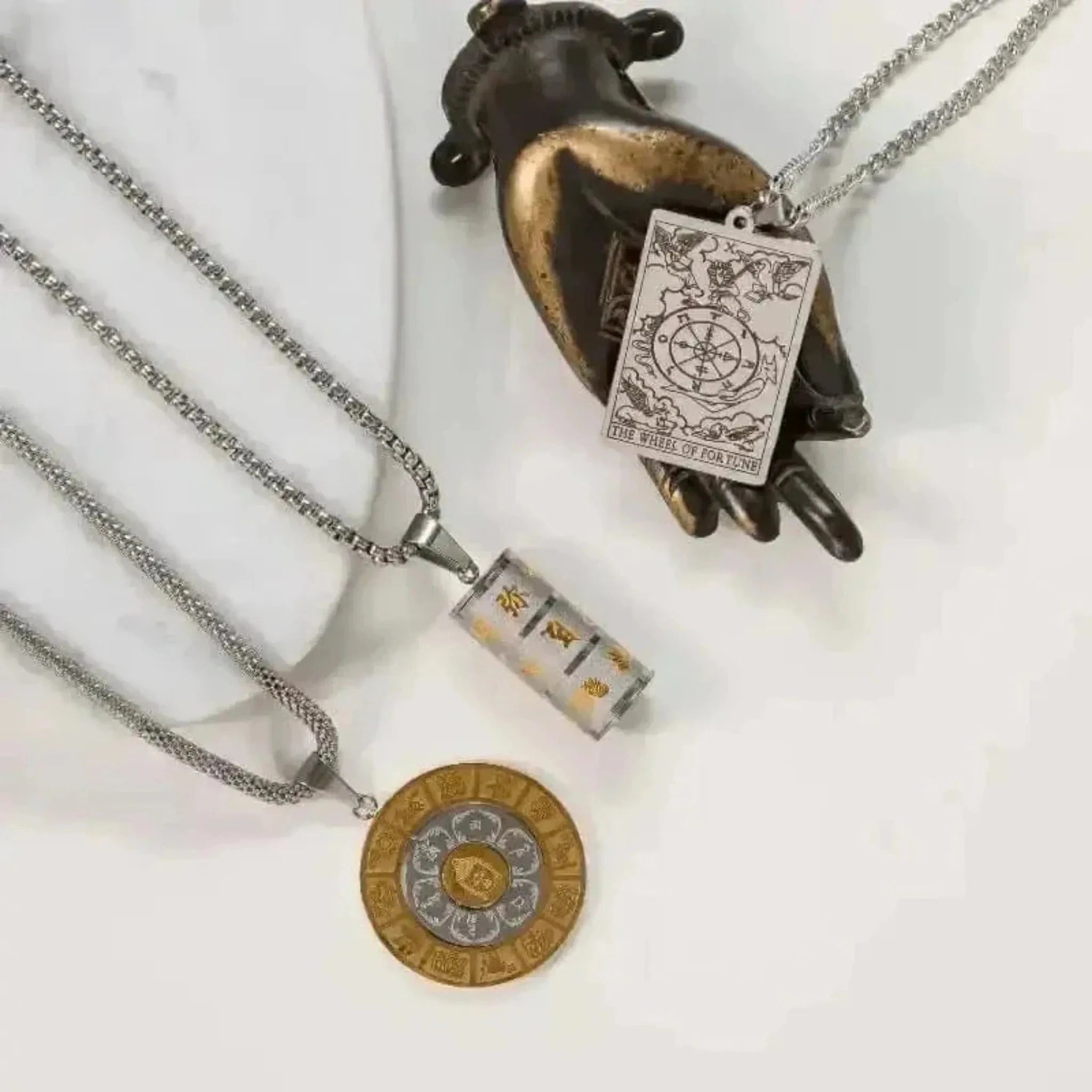 spiritual necklaces meditation medallion, prayer wheel necklace and tarot card wheel of fortune necklace