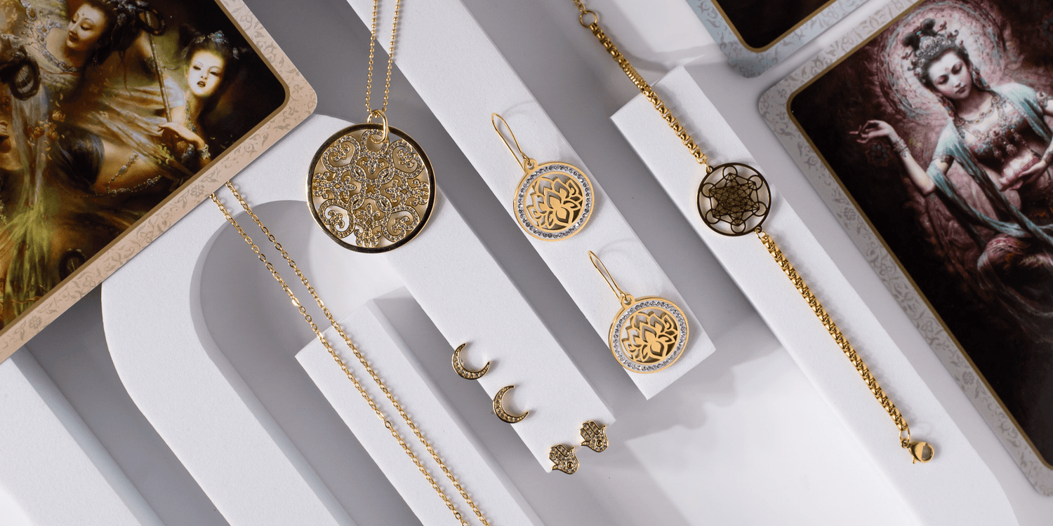 mandala necklace, lotus flowers, crescent moon and hamsa earrings
