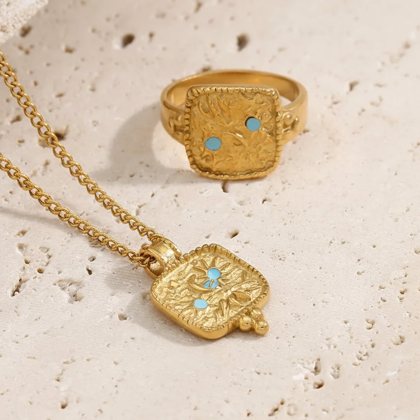 Hammered gold stainless steel sun pendant necklace with crescent moon and three turquoise stone 