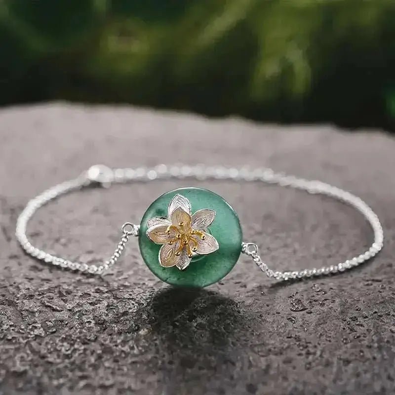 Sterling Silver Aventurine Lotus Flower Bracelet - Enhance Prosperity & Serenity - Mystic Soul Jewelry