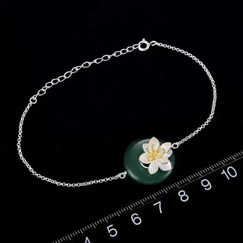 Sterling Silver Aventurine Lotus Flower Bracelet - Enhance Prosperity & Serenity - Mystic Soul Jewelry