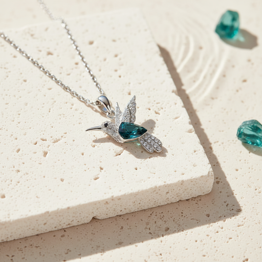 Teal crystal hummingbird pendant necklace sterling silver — spirit animal jewelry for joy