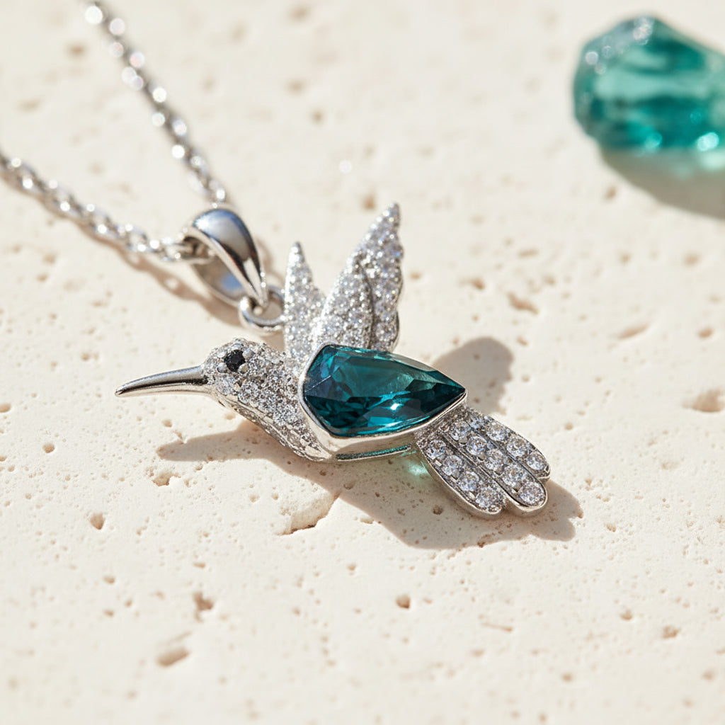 22 mm teal crystal hummingbird pendant necklace sterling silver — spirit animal jewelry for joy