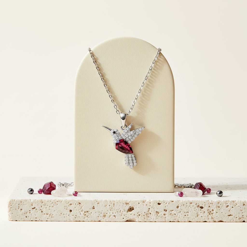 Coloured crystal hummingbird pendant necklace sterling silver — spirit animal jewelry for joy