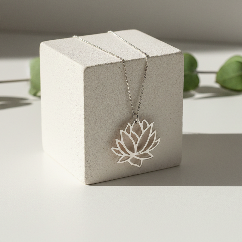Sterling silver lotus flower pendant necklace on a display block — spiritual symbol jewelry for renewal