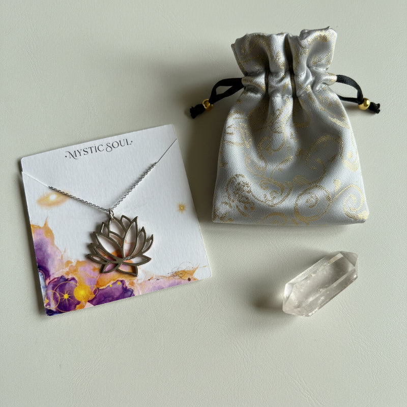 Large sterling silver lotus flower pendant with Mystic Soul Jewelry gift bag