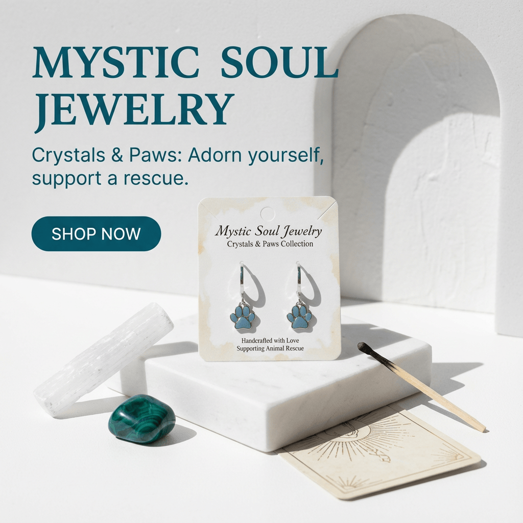 Mystic Soul Jewelry display with earrings, crystals, and a card on a white background