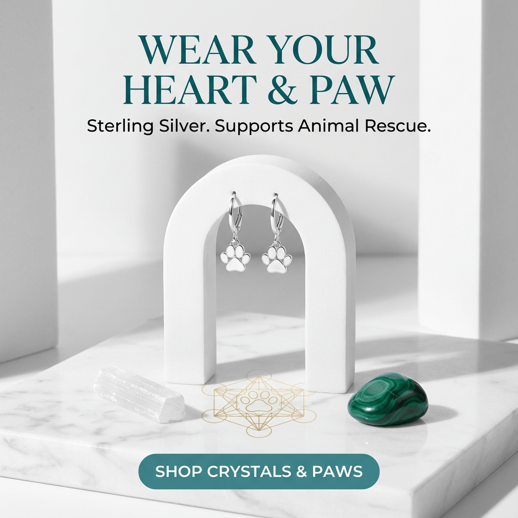 Silver paw print earrings on a white stand with text about animal rescue and a green crystal.