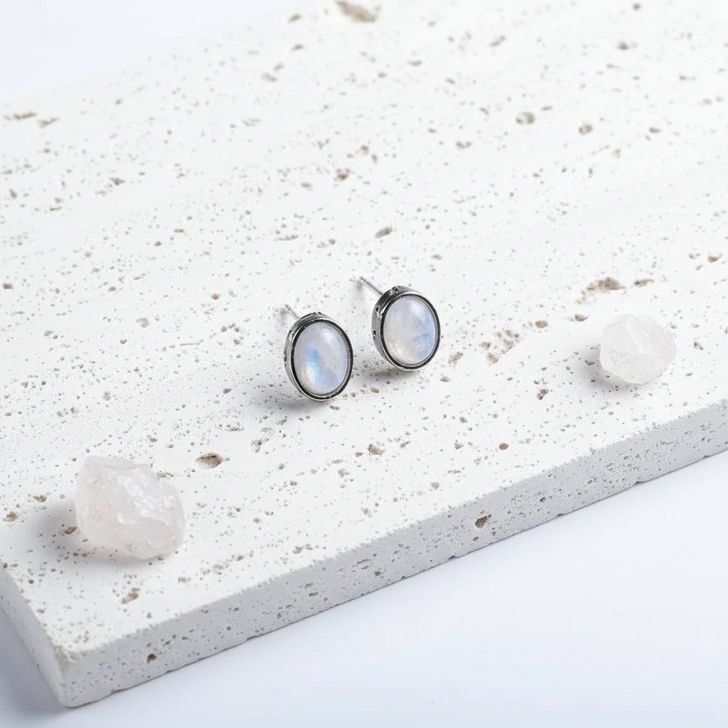 Rainbow moonstone oval stud earrings in sterling silver — small lab-created moonstone studs