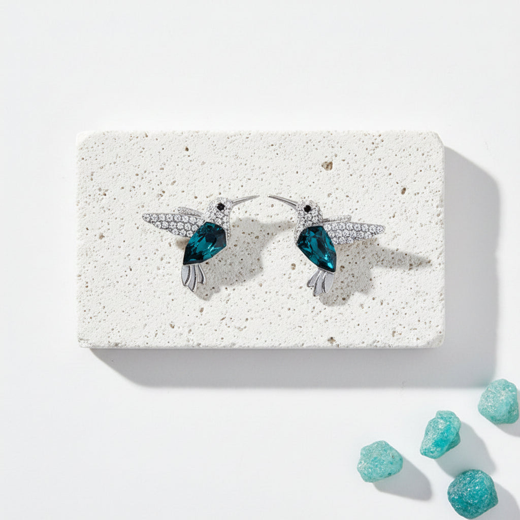 19 mm teal crystal hummingbird stud earrings sterling silver — spirit animal jewelry for joy