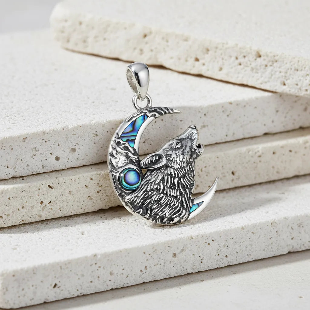 Silver pendant with wolf design on a textured stone surface
