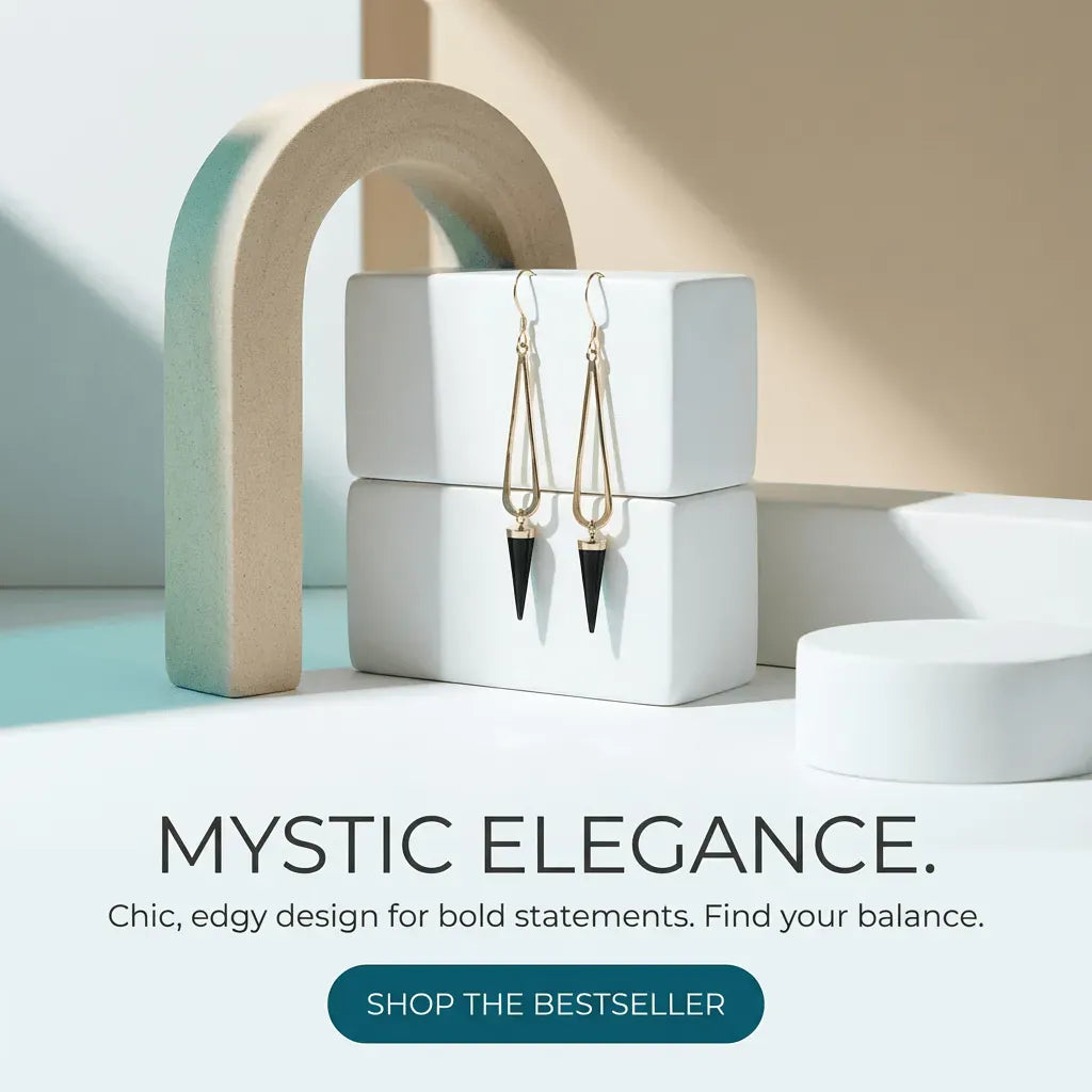 Gold earrings with black accents on a white box with 'Mystic Elegance' text and call to action.