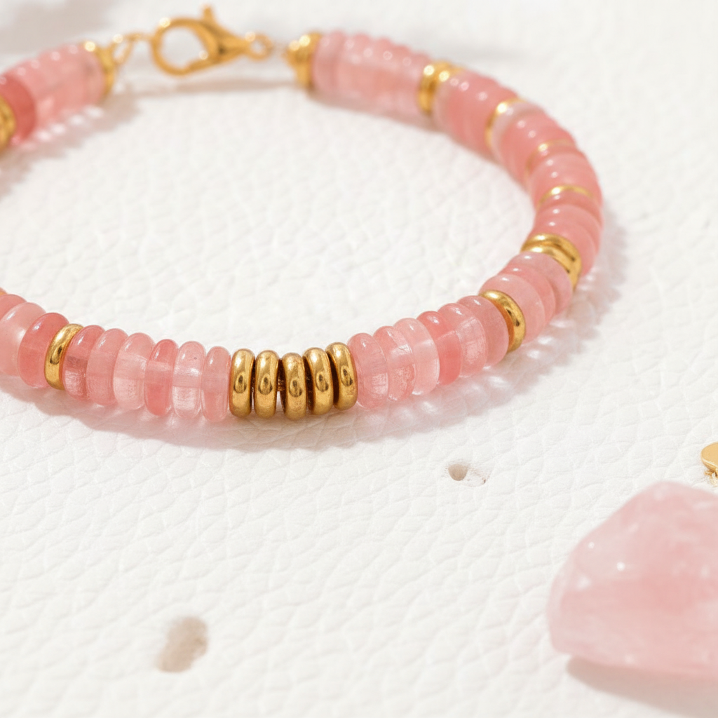 Pink quartz heishi disc bead stretch bracelet on a stretch cord