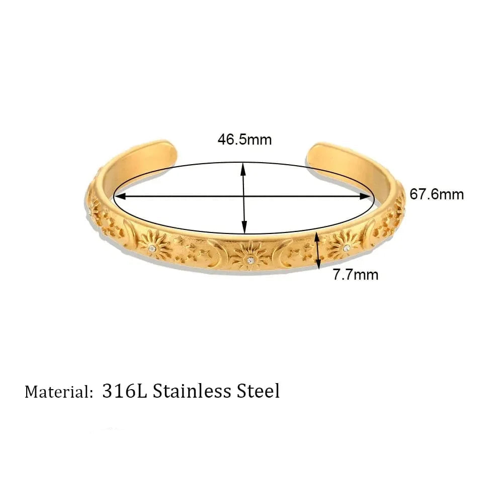 Gold bracelet with measurements and product details on a white background