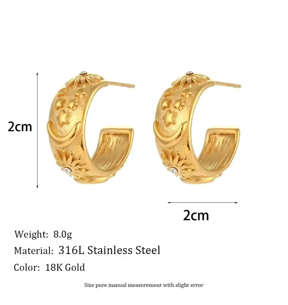 Gold hoop earrings with measurements and product details on a white background