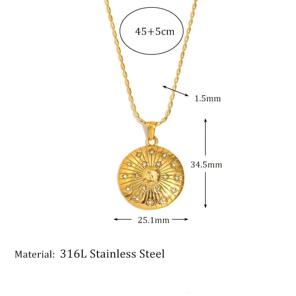 Gold necklace with pendant, showing measurements and material details on a white background