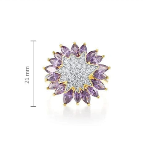 Jewelry product information card with a ring featuring purple and white gemstones on a light gray background.