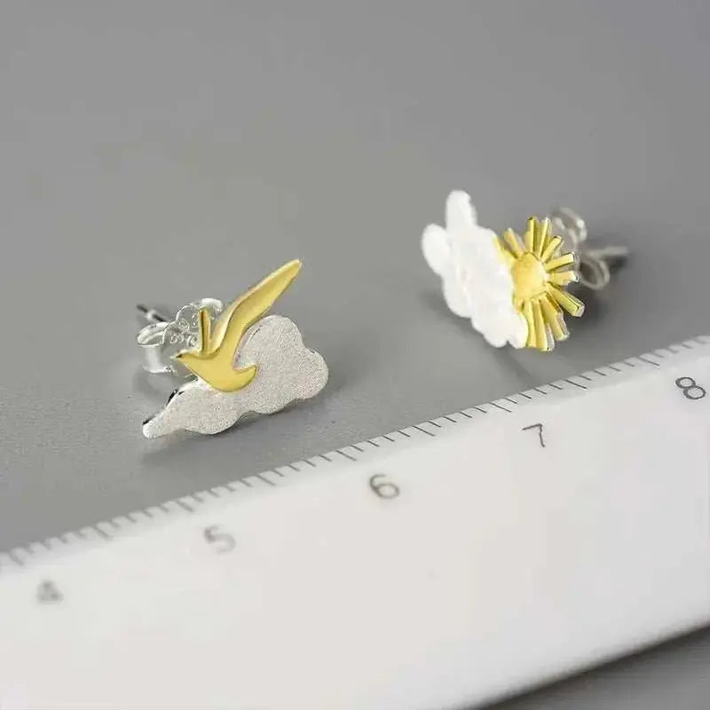 Sunrise Songbird Studs - Asymmetrical 925 Sterling Silver Earrings - Mystic Soul Jewelry