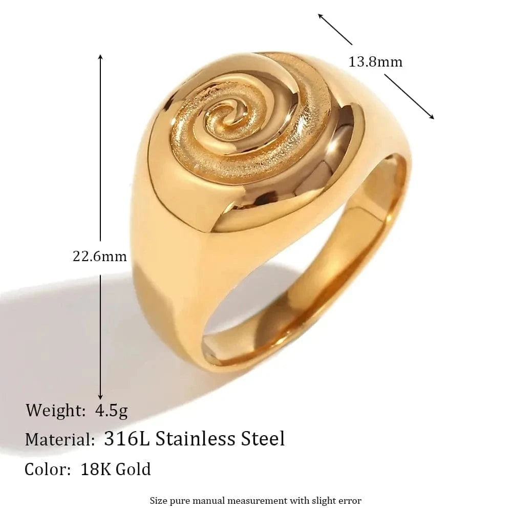 Gold ring with spiral design, measurements, and material details on a white background