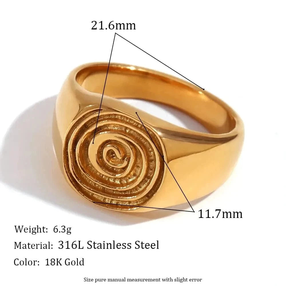 Gold ring with measurements and material details on a white background