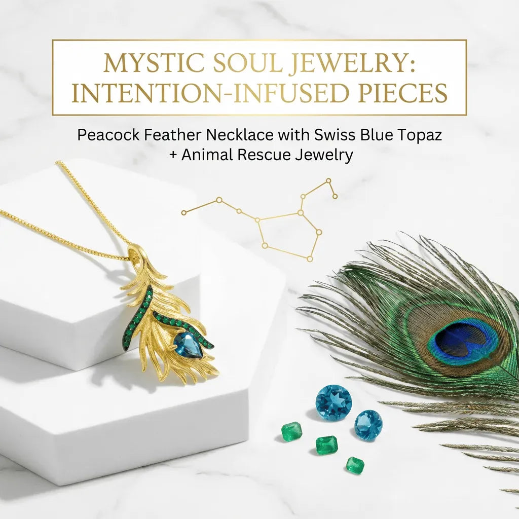 Mystic Soul Jewelry Peacock Feather Necklace with Swiss Blue Topaz and Animal Rescue Jewelry on a white background