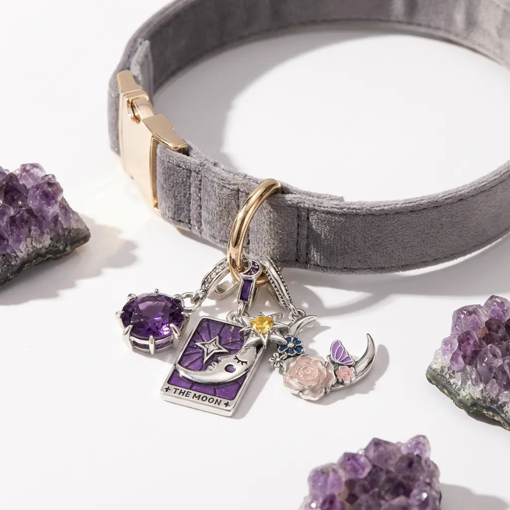 Gray choker with purple charms on a white background