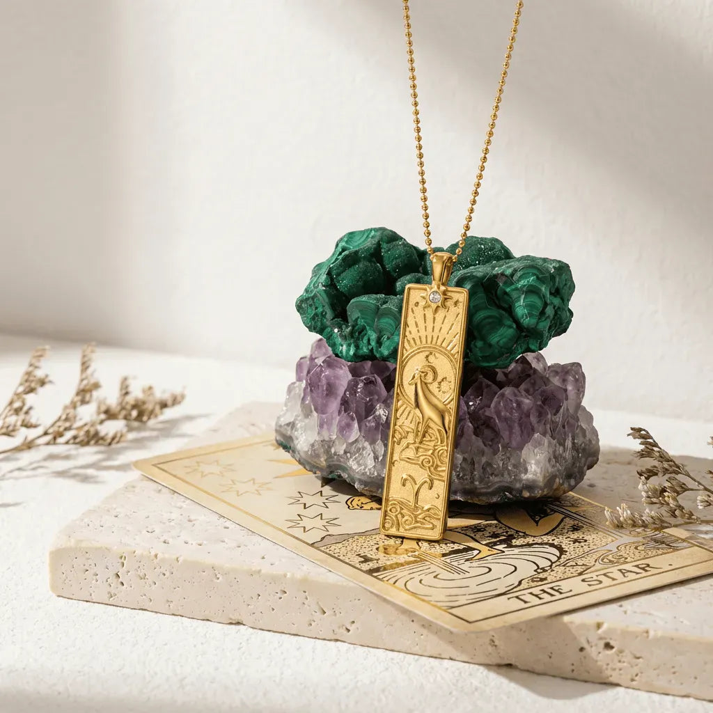 Gold pendant necklace on a stack of crystals with a tarot card underneath