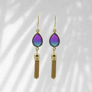 peacock aura gold tassel earrings