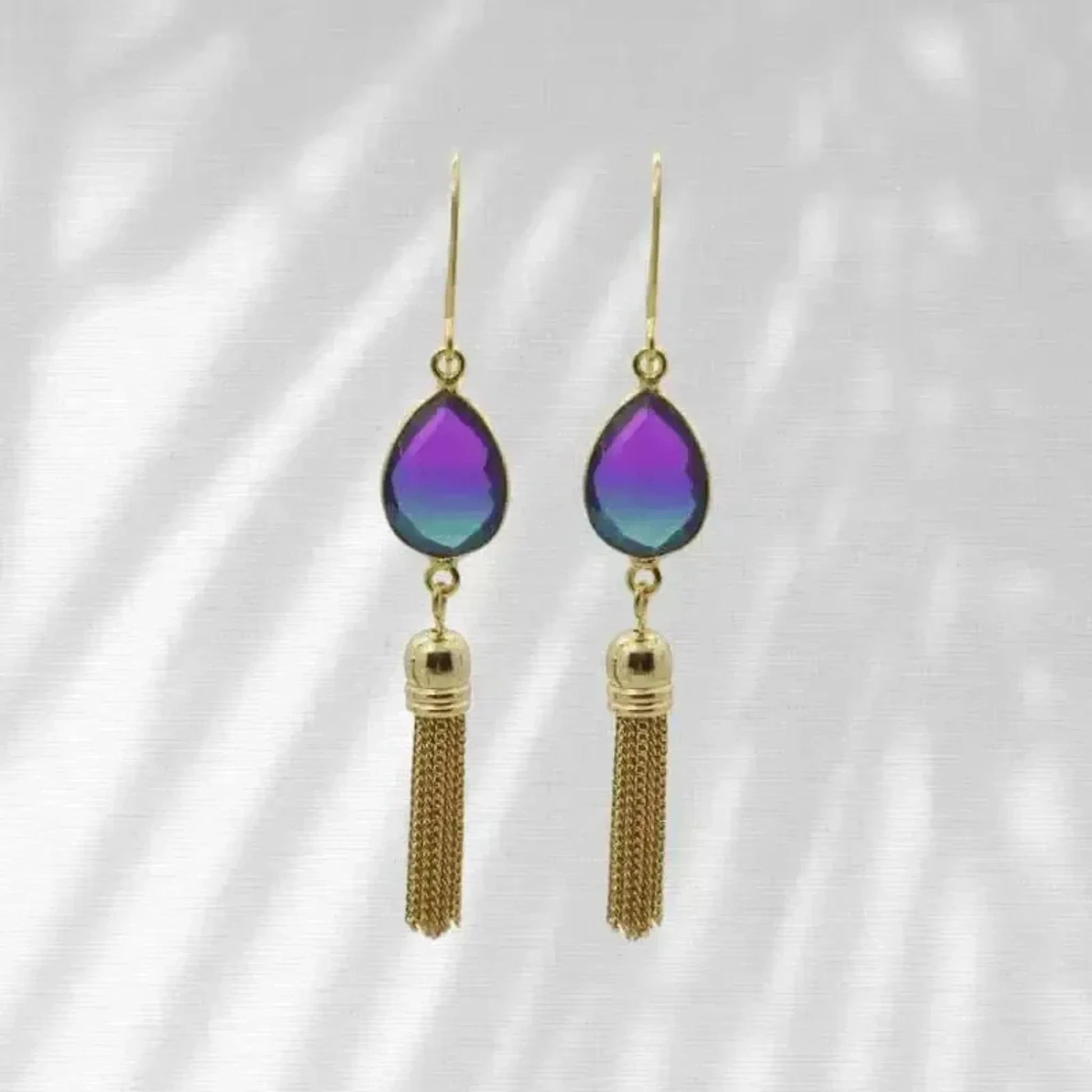 peacock aura gold tassel earrings