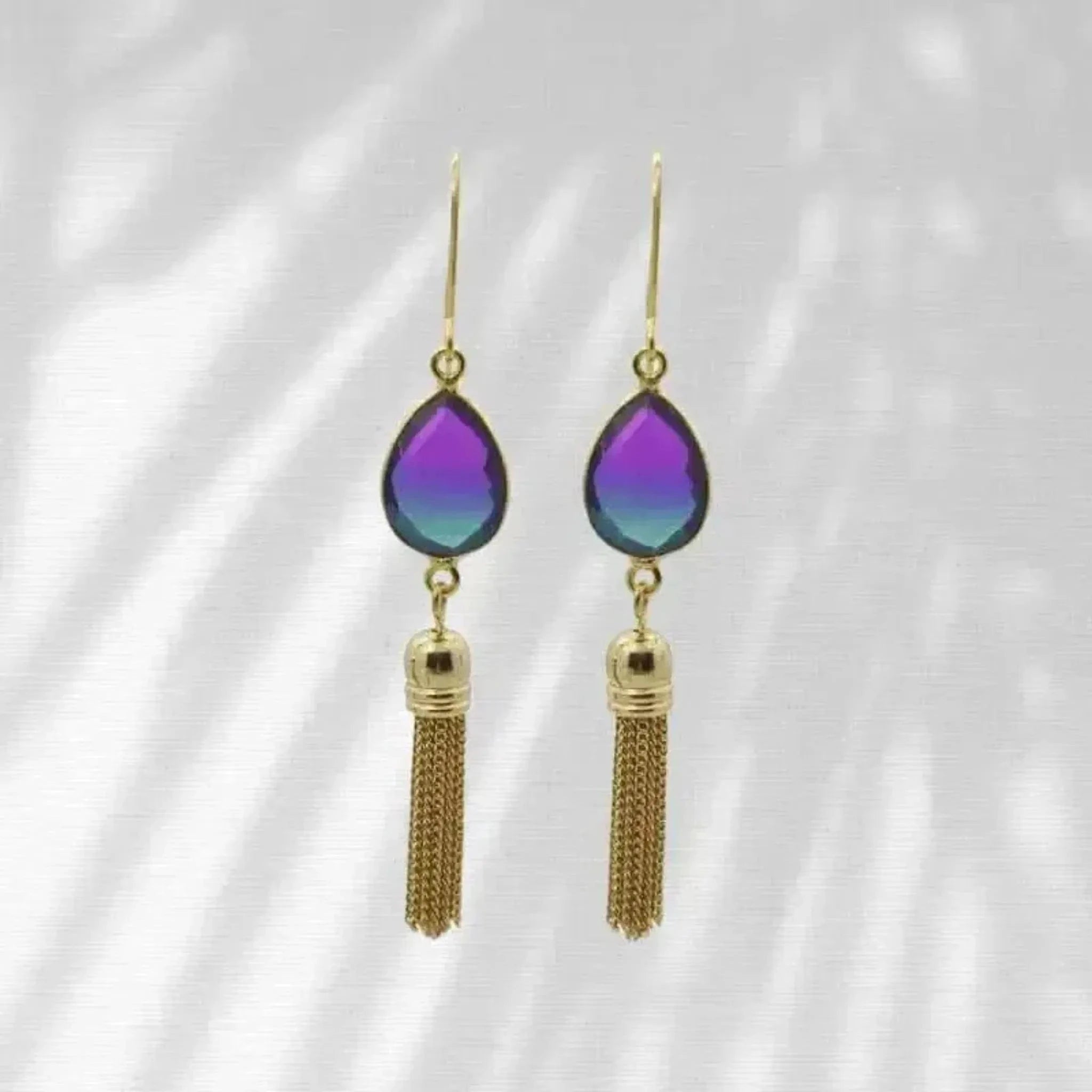 peacock aura gold tassel earrings