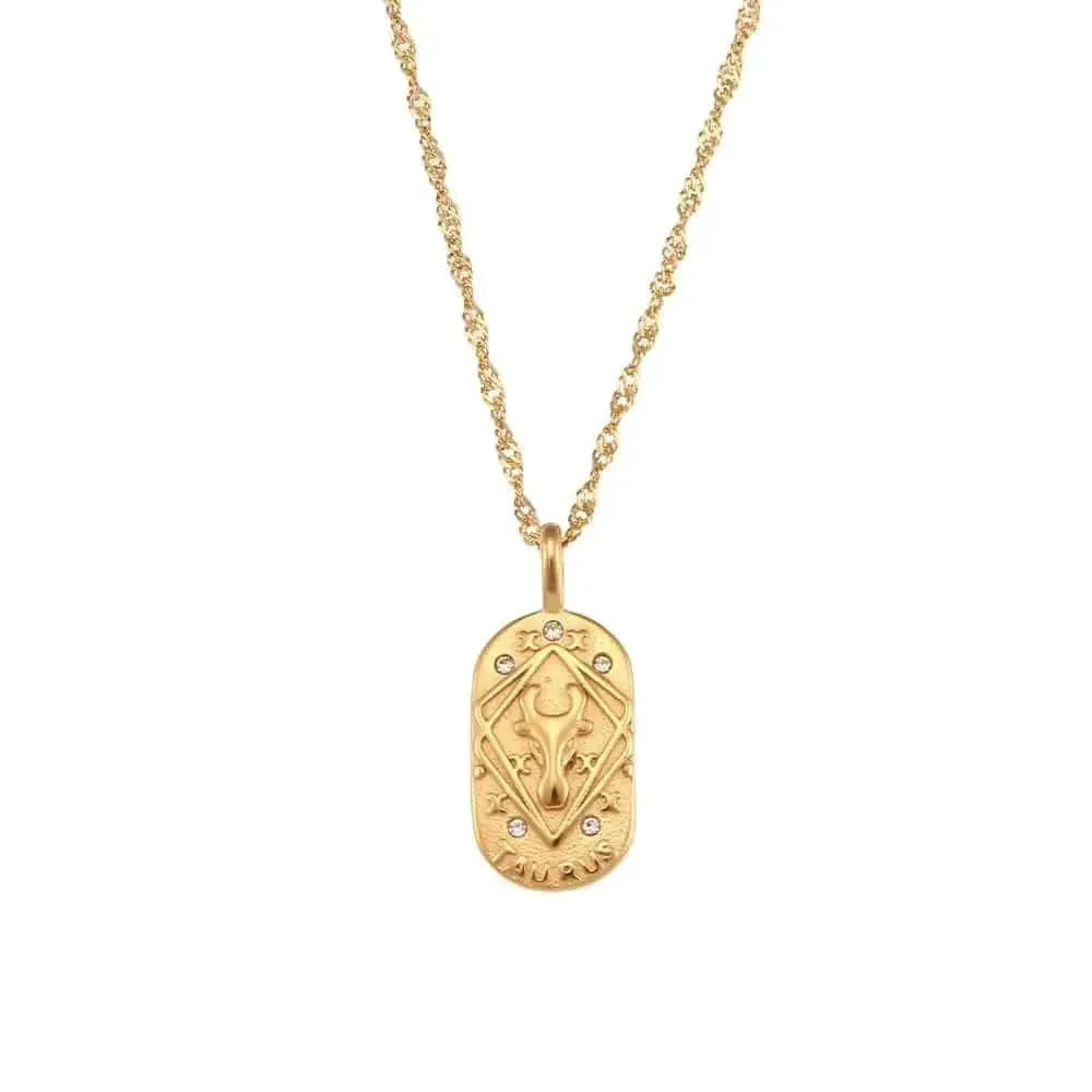 Gold necklace with a pendant on a white background