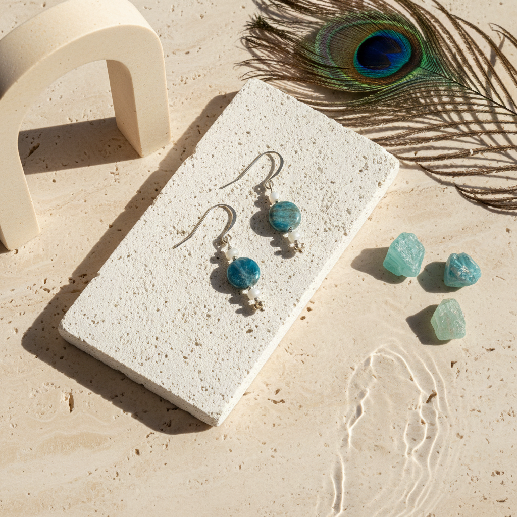 Teal kyanite coin drop earrings on silver-toned shepherd's hook earwires