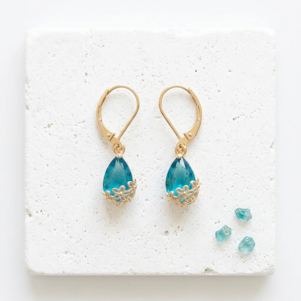 Large gold Flower-Cap earrings with aqua glass drops