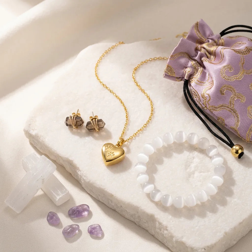 Gold necklace, earrings, and bracelet with purple stones on a white surface with a decorative bag.