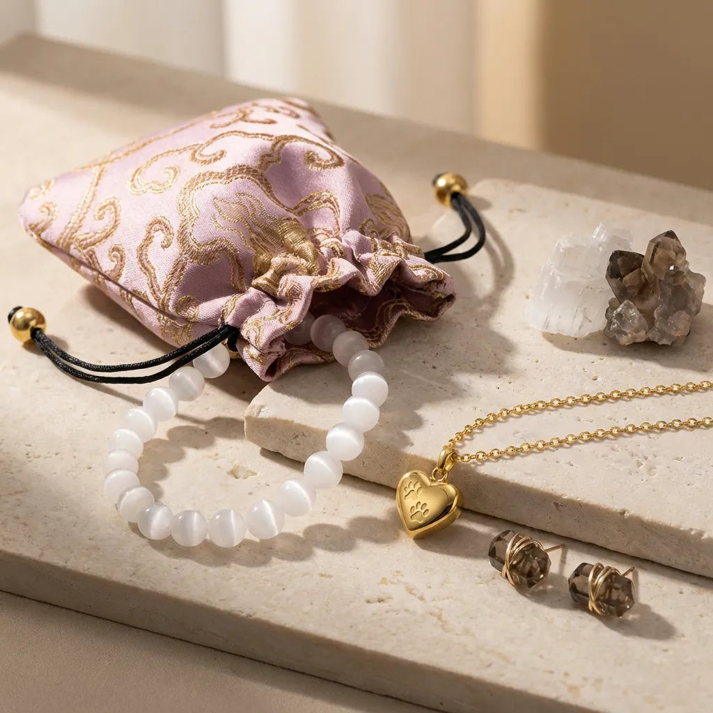 Jewelry set including a bracelet, necklace, and earrings on a decorative surface with a pink jewelry pouch.