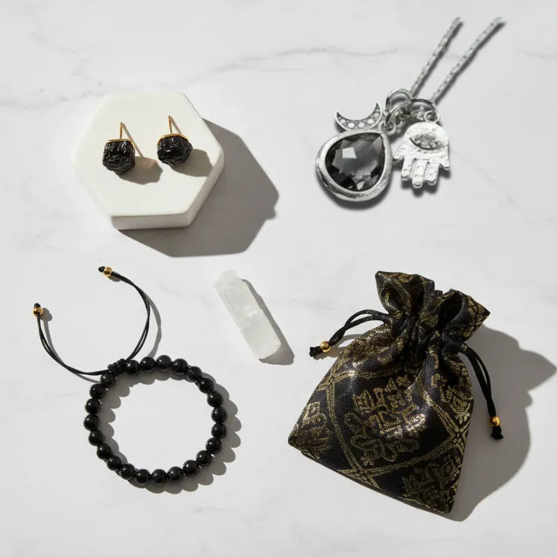 Protection set with black tourmaline studs, bracelet and hamsa necklace in silver, protection symbol jewelry
