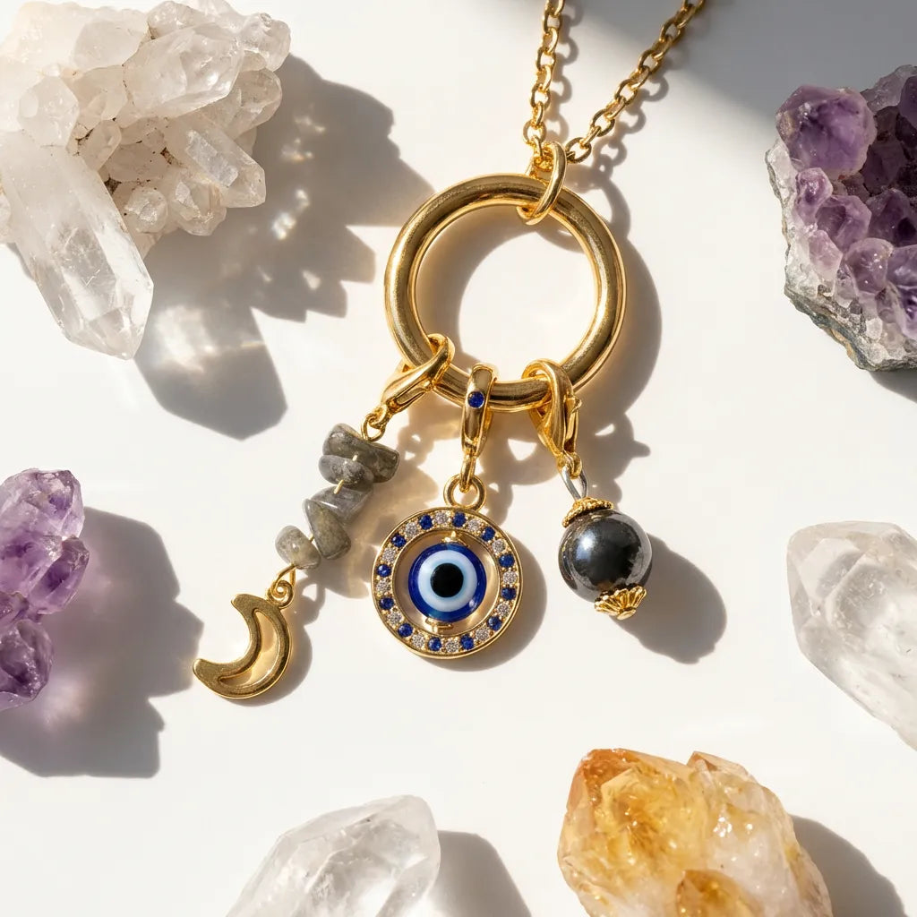 Gold necklace with charms on a white background with crystals