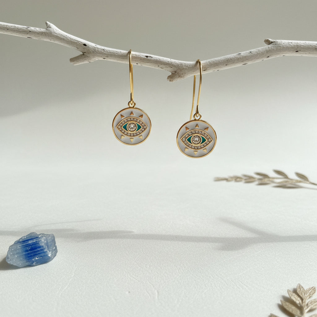 Gold plated white and turquoise third eye medallion drop earrings