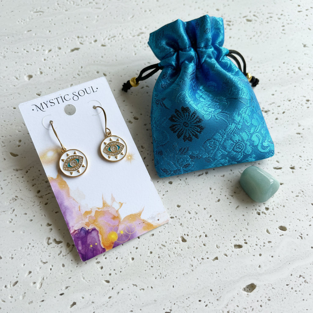 White and turquoise third eye necklace and earring set on Mystic Soul cards with a silk pouch