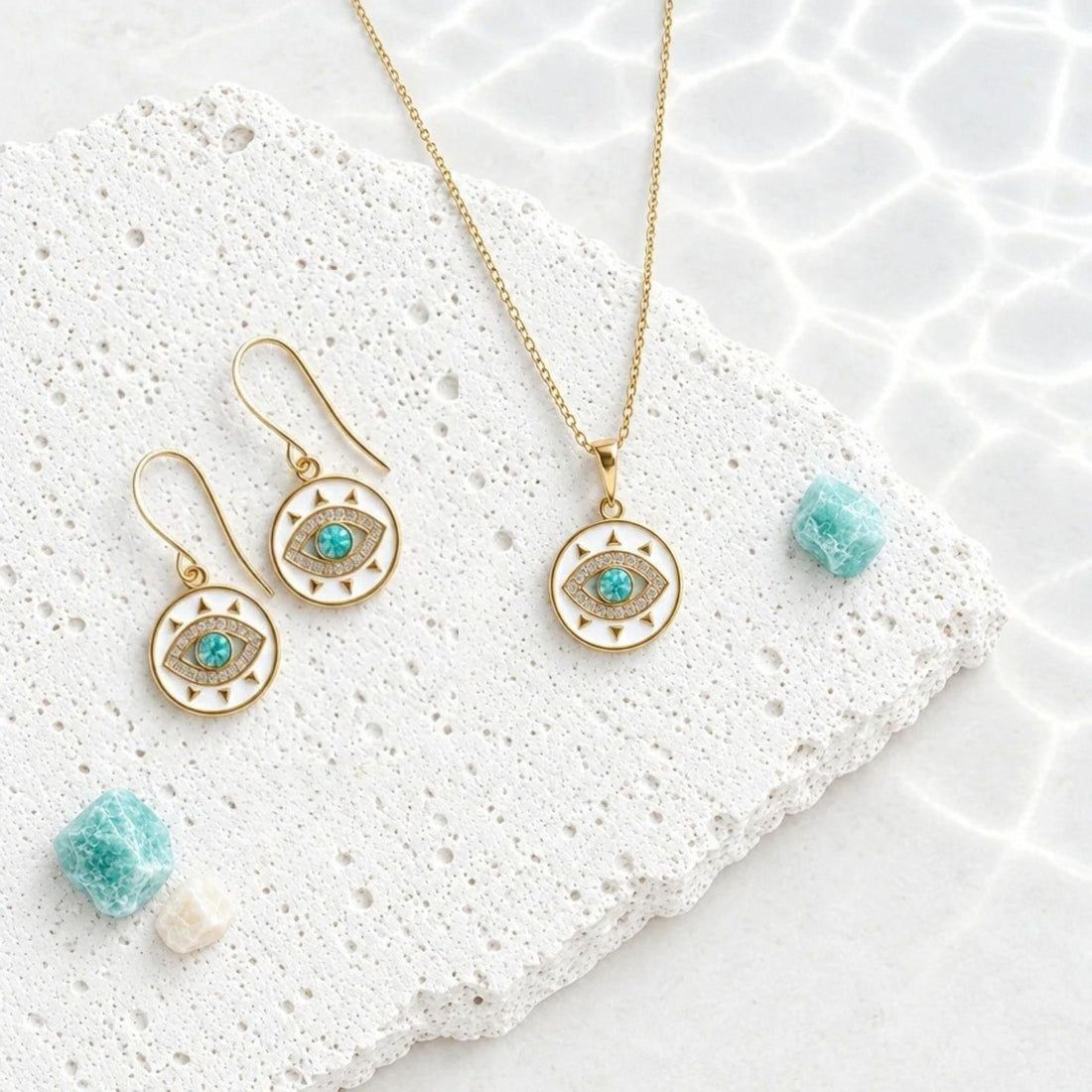 White and turquoise third eye medallion necklace and matching drop earrings in gold plate