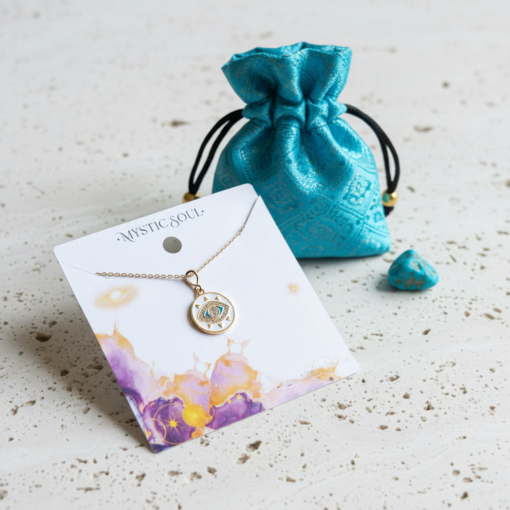 White and turquoise third eye medallion necklace on a Mystic Soul gift card