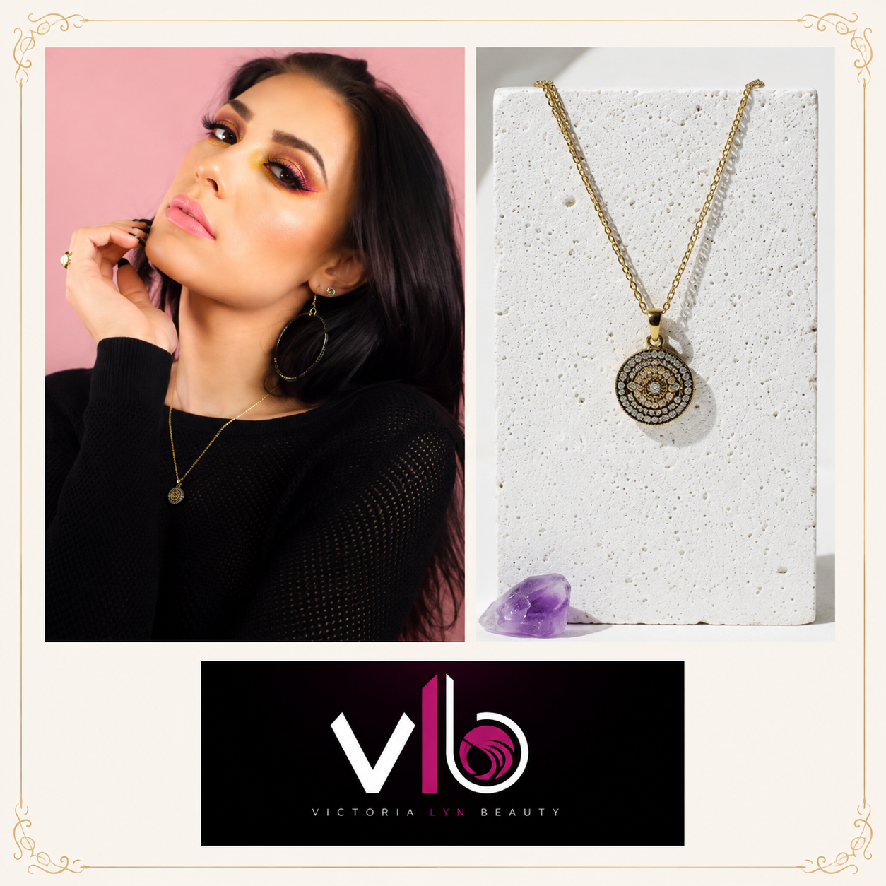 As seen on Victoria Lyn Beauty: the gold third eye pavé necklace shown beside the featured image.