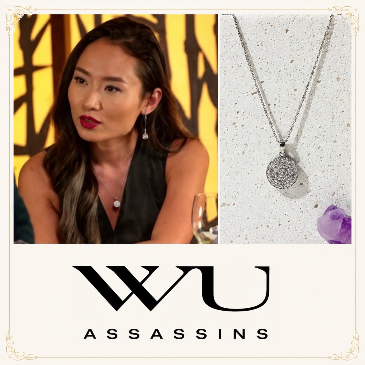 As seen on Wu Assassins: the silver third eye pavé necklace shown beside a still from the Netflix series.