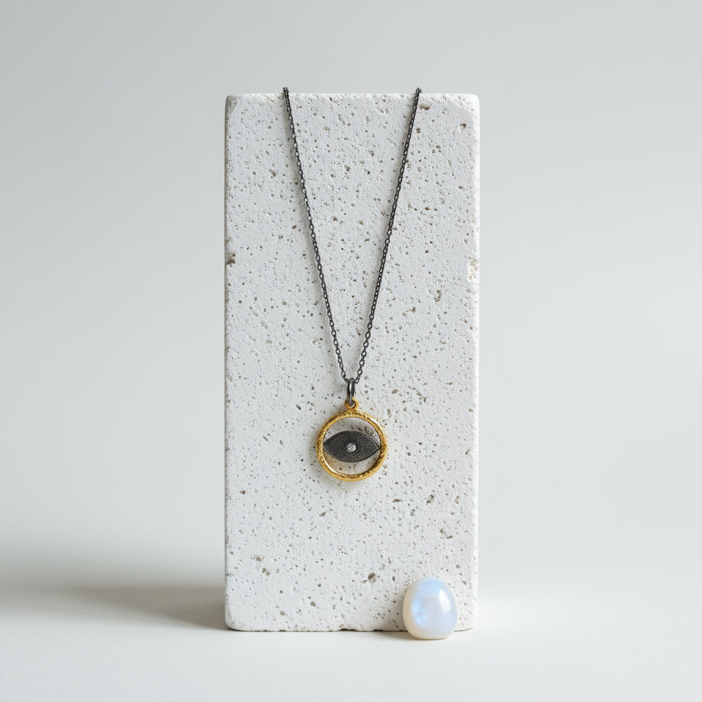 Two-tone evil eye pendant necklace, gunmetal eye with a crystal centre in a textured gold ring, on a gunmetal chain