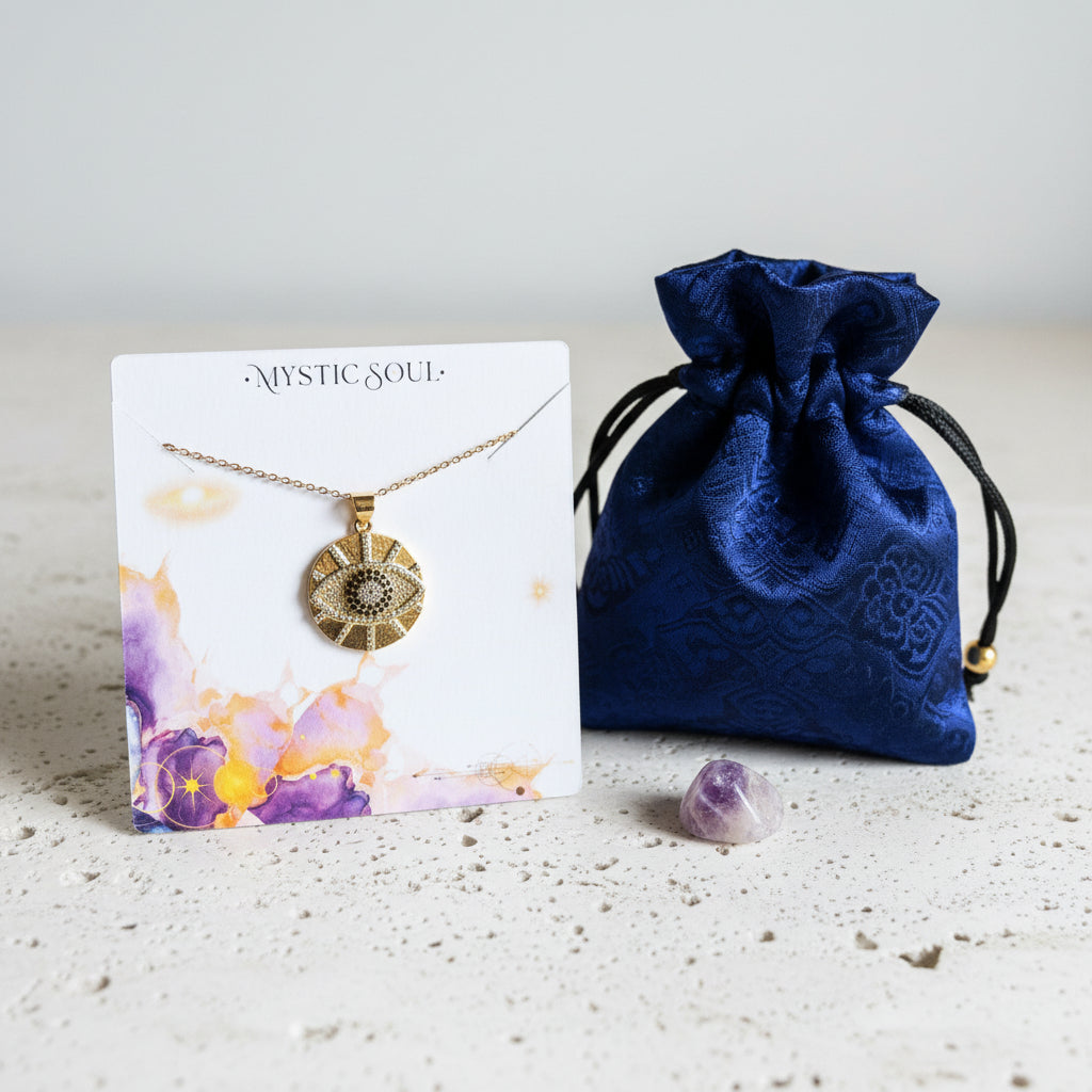 Gold pave third eye medallion necklace with a black eye centre and gold spoke rays, shown with amethyst