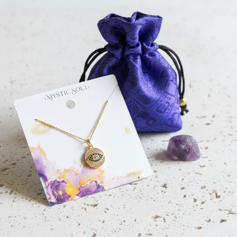 Small gold pave third eye medallion necklace with a ray-burst border, third eye chakra jewelry